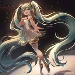 Rule 34 | 1girl, :d, bare shoulders, boots, breasts, chyoling, commentary request, copyright notice, dress, from behind, green eyes, green hair, hair between eyes, hair ornament, hand on own chest, hand up, hatsune miku, highres, looking at viewer, looking back, miku symphony (vocaloid), official art, open mouth, outstretched arm, see-through, shoe soles, single thighhigh, small breasts, smile, solo, standing, standing on one leg, teeth, thighhighs, tiptoes, twintails, upper teeth only, vocaloid, watermark, white dress, white footwear, white thighhighs