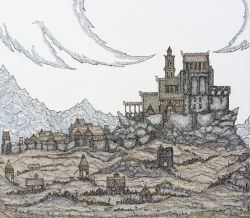 Rule 34 | building, castle, limited palette, ltstry, mountain, muted color, no humans, outdoors, scenery, sky, stone wall, the elder scrolls, the elder scrolls v: skyrim, wall, white sky