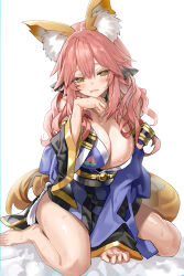 1girl animal_ear_fluff animal_ears bare_shoulders blue_kimono breasts cleavage fate/grand_order fate_(series) fox_ears fox_girl fox_tail hair_between_eyes highres japanese_clothes kimono large_breasts long_hair looking_at_viewer obi pink_hair sash shino_(eefy) sidelocks tail tamamo_(fate) tamamo_no_mae_(fate/extra) yellow_eyes