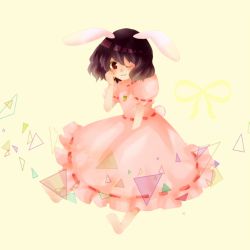 Rule 34 | 1girl, animal ears, barefoot, brown hair, frills, full body, gathers, hand on own cheek, hand on own face, inaba tewi, jewelry, mayo (mayomr29), one eye closed, pendant, rabbit ears, rabbit girl, rabbit tail, red eyes, ribbon, short hair, simple background, skirt, skirt set, smile, solo, tail, touhou, triangle, yellow background