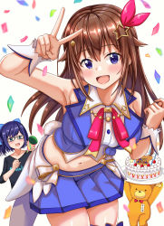 Rule 34 | 2girls, a-chan (hololive), absurdres, ankimo (tokino sora), armpits, bare shoulders, birthday cake, black shirt, blouse, blue bow, blue eyes, blue hair, blue skirt, blush, bow, brown hair, cake, collared shirt, commentary request, confetti, dress shirt, food, glasses, hair bow, hair ornament, happy birthday, highres, hololive, long hair, looking at viewer, midriff, multiple girls, navel, nootomo, open mouth, shirt, skirt, sleeveless, sleeveless shirt, star (symbol), star hair ornament, tokino sora, tokino sora (1st costume), v, virtual youtuber, white background, wrist cuffs