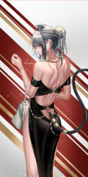 Rule 34 | 1girl, absurdres, alternate costume, animal ears, arknights, ass, axylon, bag, bare back, bare shoulders, black dress, bracelet, cat ears, cat tail, commentary, cowboy shot, cross, cross earrings, dress, earrings, english commentary, grey hair, hair bun, handbag, highres, jewelry, looking at viewer, off-shoulder dress, off shoulder, schwarz (arknights), short hair, short sleeves, solo, standing, tail, yellow eyes