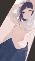 Rule 34 | 1girl, arms up, blue eyes, blue hair, blue skirt, blunt bangs, bra, breasts, closed mouth, commentary, commentary request, highres, hiroki (yyqw7151), navel, original, panties, pleated skirt, shirt, skirt, small breasts, solo, underwear, undressing, white bra, white panties, white shirt