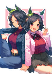 Rule 34 | 2girls, :d, animal ears, bandaid, bandaid on cheek, bandaid on face, belt, black belt, black hair, black jacket, black ribbon, black skirt, blue pants, blush, breasts, closed mouth, commentary request, crop top, dual persona, ear ornament, frilled skirt, frills, fur hat, fur jacket, groin, hair ornament, hairclip, hand up, hat, highres, horse ears, horse girl, horse tail, jacket, jewelry, large breasts, long sleeves, looking at viewer, midriff, multiple girls, navel, neck ribbon, necklace, open clothes, open jacket, open mouth, pants, plaid, plaid skirt, red eyes, red shirt, red sweater, ribbon, shirt, short hair, sidelocks, sitting, skirt, smile, sweater, swept bangs, tail, umamusume, winning ticket (umamusume), yuutopia