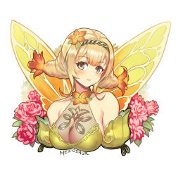 Rule 34 | 1girl, bare shoulders, blonde hair, blush, breasts, closed mouth, collarbone, commentary, detached sleeves, dress, english commentary, fairy, fairy wings, fire emblem, fire emblem heroes, flower, gradient hair, green dress, green hairband, green sleeves, grey eyes, hair between eyes, hair flower, hair ornament, hairband, large breasts, lips, long hair, looking at viewer, meziosaur, multicolored hair, nintendo, orange flower, orange hair, peony (fire emblem), pink flower, pink lips, pink rose, pointy ears, rose, see-through, sideboob, sidelocks, simple background, sleeveless, sleeveless dress, smile, solo, upper body, white background, wings