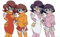 Rule 34 | 10s, 2girls, alternate costume, breasts, color switch, creatures (company), crossover, dress, female focus, game freak, glasses, hanna-barbera, huge breasts, kristen bailey, look-alike, multiple girls, multiple views, nintendo, pantyhose, poke ball, poke ball (basic), pokemon, pokemon sm, scooby-doo, short hair, simple background, skirt, smile, sweater, thighhighs, toon (style), trait connection, velma dace dinkley, white background, wicke (pokemon)