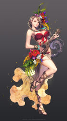 Rule 34 | 10s, 1girl, 2013, :d, bikini, braid, breasts, brown eyes, brown hair, chaos online, cross-laced footwear, female focus, flower, front-tie top, full body, grey background, hair flower, hair ornament, hibiscus, highres, instrument, large breasts, leg up, lips, long hair, long legs, looking at viewer, love cacao, mayreel, music, open mouth, playing instrument, red bikini, sandals, simple background, singing, smile, solo, standing, standing on one leg, swimsuit, tropical, very long hair