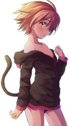 Rule 34 | 1girl, animal hood, black hoodie, cat hood, cat tail, clenched hand, cowboy shot, flat chest, from side, hand up, highres, hood, hood down, hoodie, hoshizora rin, long sleeves, love live!, love live! school idol project, orange hair, sen (sen0910), short hair, simple background, solo, tail, white background, yellow eyes