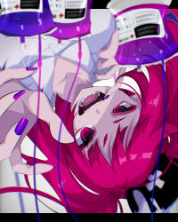 Rule 34 | 1girl, absurdres, black hat, blood, blood bag, collarbone, colored blood, fangs, floating hair, goma irasuto, hat, highres, mole, mole under eye, mouth pull, nail polish, nurse, nurse cap, open hand, open mouth, original, purple blood, purple nails, red eyes, red hair, solo, upside-down, v-shaped eyebrows