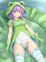 Rule 34 | 1girl, animal hood, aqua eyes, aqua thighhighs, blush, bow legwear, commentary request, covered navel, female focus, gloves, green gloves, hair between eyes, hood, lily pad, long hair, looking at viewer, lying, mini person, minigirl, on back, one-piece swimsuit, open mouth, original, outdoors, partially submerged, pastel colors, purple hair, sasaame, solo, striped clothes, striped thighhighs, swimsuit, swimsuit under clothes, thighhighs, thighs, wakamezake, water, white one-piece swimsuit
