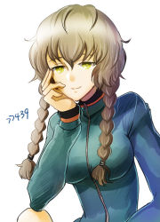 Rule 34 | 1girl, amane suzuha, braid, breasts, brown hair, closed mouth, jacket, long hair, looking at viewer, medium breasts, simple background, smile, solo, steins;gate, track jacket, twin braids, white background, yellow eyes