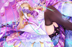 Rule 34 | 1girl, absurdres, adapted costume, ass, blonde hair, blue eyes, breasts, brown thighhighs, bug, butterfly, detached sleeves, dress, dutch angle, floral print, gap (touhou), hair over one eye, hand fan, hat, hat ribbon, highres, insect, large breasts, long hair, long sleeves, mob cap, panties, pantyshot, purple panties, ribbon, smile, solo, tabard, thighhighs, touhou, umbrella, underwear, white dress, wide sleeves, xuanlin jingshuang, yakumo yukari