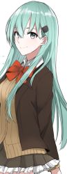 Rule 34 | 10s, 1girl, aqua eyes, bad id, bad twitter id, blush, bow, bowtie, collared shirt, commentary request, cowboy shot, frilled skirt, frills, green eyes, green hair, hair between eyes, hair ornament, hairclip, highres, jacket, kantai collection, long hair, long sleeves, looking at viewer, morinaga miki, red bow, red bowtie, remodel (kantai collection), ribbed sweater, shirt, simple background, skirt, smile, solo, suzuya (kancolle), sweater, white background