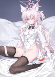 Rule 34 | 1girl, absurdres, akira (blue archive), animal ears, bed sheet, black thighhighs, blue archive, blush, breasts, cat ears, cat tail, cleavage, closed mouth, coat, colored eyelashes, gloves, hair between eyes, halo, high heels, highres, leotard, long hair, long sleeves, looking at viewer, medium breasts, pink halo, red eyes, smile, solo, strapless, strapless leotard, tail, thighhighs, white coat, white footwear, white gloves, white hair, white leotard, yume (454565427)