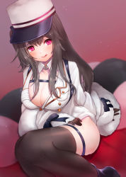 Rule 34 | 1girl, azur lane, black gloves, black hair, black thighhighs, blush, breasts, buttons, cleavage, coat, fur-trimmed coat, fur trim, gloves, gluteal fold, gradient background, hat, highres, kelly 0w0, large breasts, long hair, long sleeves, looking at viewer, open mouth, padded coat, pamiat merkuria (azur lane), purple eyes, red eyes, russian clothes, shirt, sitting, smile, solo, thighhighs, tongue, tongue out, white coat, white hat