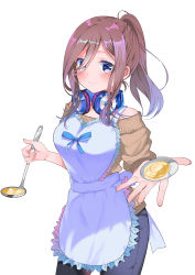 Rule 34 | 1girl, absurdres, bare shoulders, beige sweater, blue eyes, blue ribbon, blush, breasts, brown hair, closed mouth, denim, food, go-toubun no hanayome, hair between eyes, headphones, headphones around neck, high ponytail, highres, holding, holding plate, holding spoon, jeans, large breasts, long hair, looking at viewer, nakano miku, outstretched hand, pants, piyopoyo, plate, ponytail, ribbon, sidelocks, smile, spoon, standing
