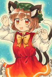 Rule 34 | 1girl, animal ears, bow, bowtie, breasts, brown eyes, brown hair, cat ears, cat tail, chen, claw pose, dress, earrings, frilled dress, frills, green hat, happy, hat, highres, jewelry, maa (forsythia1729), mandarin collar, mob cap, multiple tails, nekomata, open mouth, orange dress, shirt, short hair, single earring, sleeveless, sleeveless dress, small breasts, solo, tail, touhou, traditional media, two tails, white shirt, white sleeves, yellow bow, yellow bowtie