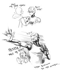 Rule 34 | !?, 2boys, bald, black sclera, blonde hair, cape, colored sclera, cosplay, crossover, cyborg, genos, gloves, greyscale, iron man, iron man (cosplay), iron man (series), kenny (poe90), korean text, male focus, marvel, mask, monochrome, multiple boys, one-punch man, power suit, saitama (one-punch man), simple background, sketch, sparkle, sparkling eyes, trait connection, translation request, white background