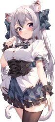 Rule 34 | 1girl, absurdres, animal ear fluff, animal ears, black collar, black thighhighs, blue skirt, breasts, cat ears, cat girl, cat tail, character request, collar, copyright request, corset, frilled skirt, frills, grey hair, highres, jun (aousa0328), large breasts, long hair, looking at viewer, miniskirt, pleated skirt, puffy short sleeves, puffy sleeves, purple eyes, shirt, short sleeves, single thighhigh, skirt, smile, tail, thighhighs, two side up, virtual youtuber, white shirt, wrist cuffs