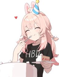 Rule 34 | 1girl, :3, ahoge, alternate costume, animal ears, birthday, birthday cake, black shirt, blush, braid, cake, cake slice, closed eyes, clothes writing, commentary, eating, food, food on face, fork, happy, hat, heart, highres, holding, holding fork, holding plate, long hair, ludo0109, party hat, phase connect, pink hair, pipkin pippa, plate, rabbit ears, shirt, short sleeves, simple background, smile, solo, twin braids, upper body, virtual youtuber, white background