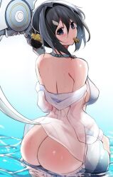 Rule 34 | 1girl, absurdres, arknights, ass, back, ball, bare shoulders, beachball, bikini, bikini pull, black hair, blue background, blue eyes, blush, breasts, butt crack, clothes pull, from behind, gradient background, grey hair, hair bun, hair intakes, hair ornament, hairclip, highres, kokihanada, la pluma (arknights), la pluma (summer flowers) (arknights), large breasts, long sleeves, looking at viewer, looking back, mouth hold, multicolored hair, official alternate costume, scythe, see-through, short hair, sideboob, single hair bun, single side bun, solo, streaked hair, swimsuit, two-tone hair, wading, water, whiste, white background, white bikini, wing hair ornament