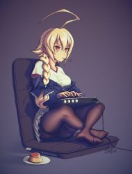 Rule 34 | 1girl, 2019, :&lt;, ahoge, arcade stick, black bow, blazblue, blonde hair, bow, braid, breasts, brown pantyhose, casual, chair, commission, controller, es (xblaze), food, full body, game controller, hair bow, hair over shoulder, high-waist skirt, highres, huge ahoge, indian style, joystick, large breasts, long braid, off-shoulder sweater, off shoulder, orange eyes, panties, pantyhose, pantyshot, playing games, pleated skirt, pudding, ringed eyes, serious, shirt, single braid, sitting, skirt, solo, sweater, t-shirt, taut clothes, taut shirt, thighband pantyhose, toes, twitter username, underwear, utensil in mouth, xblaze, zhvo