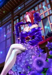 Rule 34 | 10s, 1girl, 2015, architecture, bad id, bad pixiv id, bare shoulders, bow, breasts, cat, cleavage, crossed legs, dress, east asian architecture, flower, from below, gloves, hair bow, hair flower, hair ornament, hand fan, highres, huge breasts, jewelry, maymi (14262), necklace, pantyhose, pillow, purple dress, purple eyes, purple gloves, red hair, shingeki no bahamut, signature, solo, stitches, white pantyhose