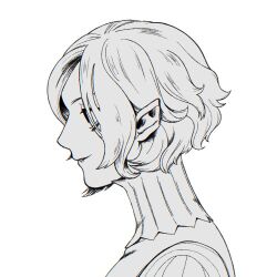 Rule 34 | 1boy, bags under eyes, dungeon meshi, elf, elftoissho, from side, gorget, looking ahead, male focus, mithrun, monochrome, notched ear, parted lips, pointy ears, portrait, profile, short hair, simple background, solo, uniform