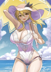 Rule 34 | 1girl, :d, arm behind head, armpits, artoria pendragon (all), artoria pendragon (fate), artoria pendragon (swimsuit ruler) (fate), artoria pendragon (swimsuit ruler) (second ascension) (fate), bare shoulders, blonde hair, breasts, cleavage, cleavage cutout, clothing cutout, commentary, commentary request, day, fate/grand order, fate (series), gluteal fold, hat, large breasts, looking at viewer, muunyan (yumenekoya), one-piece swimsuit, open mouth, sidelocks, smile, sun hat, swimsuit, umbrella, upper body, water, white one-piece swimsuit, yellow eyes