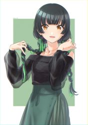 Rule 34 | 1girl, alternate hairstyle, bare shoulders, black hair, black sweater, blunt bangs, border, braid, brown eyes, collarbone, commentary request, cowboy shot, green background, green ribbon, green skirt, hair over shoulder, hair ribbon, hands up, haru 283, heart, heart necklace, high-waist skirt, highres, holding, holding hair, idolmaster, idolmaster shiny colors, jewelry, light blush, long hair, long sleeves, looking at viewer, low twintails, mayuzumi fuyuko, necklace, off-shoulder sweater, off shoulder, open mouth, outside border, pendant, ribbed sweater, ribbon, ribbon braid, see-through, see-through sleeves, shadow, skirt, smile, solo, standing, sweater, twin braids, twintails, twitter username, white border