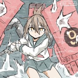 Rule 34 | 1girl, armor, brown eyes, brown hair, closed eyes, commentary, cowboy shot, explosion, expressionless, folded ponytail, hair between eyes, highres, inazuma (kancolle), kantai collection, long hair, long sleeves, looking at viewer, machinery, neckerchief, ocean, outdoors, pleated skirt, poyo (hellmayuge), red neckerchief, rigging, school uniform, serafuku, shirt, skirt, solo, splashing, timer, torpedo, torpedo tubes, v-shaped eyebrows, water, white shirt