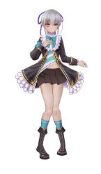 Rule 34 | 1girl, absurdres, black coat, black footwear, blue bow, blue bowtie, blue socks, boots, bow, bowtie, brown skirt, closed mouth, coat, commission, cosplay, cross-laced footwear, dorei to no seikatsu ~teaching feeling~, fold-over boots, full body, grey hair, hair bow, hand on own chest, hand up, highres, long hair, long sleeves, looking at viewer, mejiro mcqueen (umamusume), mejiro mcqueen (umamusume) (cosplay), midriff peek, miniskirt, navel, open clothes, open coat, pigeon-toed, pixiv commission, pleated skirt, ponytail, purple bow, purple eyes, scar, scar across eye, scar on face, simple background, skirt, socks, solo, sylvie (dorei to no seikatsu), taka (takahirokun), umamusume, white background