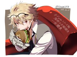 Rule 34 | 1boy, artist name, blonde hair, brown eyes, burger, collarbone, commentary request, dated, eating, fang, fate/grand order, fate (series), food, glasses, hair between eyes, holding, holding food, jekyll and hyde (fate), male focus, shirt, short hair, simple background, solo, translation request, white shirt, zassou (ukjpn)