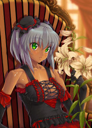 Rule 34 | 1girl, black gloves, breasts, chair, cleavage, cross-laced clothes, dark-skinned female, dark skin, dress, elbow gloves, flower, frills, gloves, goth fashion, green eyes, grey hair, hat, kink (tortoiseshell), lily (flower), mini hat, original, parted lips, short hair, solo, strap