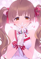 Rule 34 | 1girl, absurdres, ahoge, artist name, bare shoulders, blush, breasts, brown hair, covered mouth, dot nose, dress, earrings, falling petals, flower, hair ribbon, hakozaki serika, highres, holding, holding flower, idolmaster, idolmaster million live!, idolmaster million live! theater days, ima (lm ew), jewelry, long hair, looking at viewer, medium breasts, neck ribbon, official alternate costume, own hands together, petals, ribbon, shy, sidelocks, sleeveless, sleeveless dress, solo, straight-on, twintails, upper body, wavy hair, yellow eyes