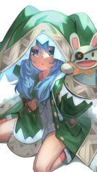 Rule 34 | 1girl, absurdres, animal ears, between legs, blue eyes, blue hair, coat, date a live, dress, fake animal ears, green coat, grey dress, hair between eyes, hand between legs, highres, hood, hood up, hooded coat, kouhiipan, long hair, looking at viewer, open clothes, open coat, open mouth, pink legwear, rabbit ears, short dress, simple background, sitting, sleeves past wrists, solo, wariza, white background, yoshino (date a live), yoshinon
