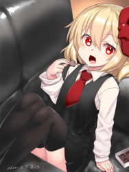 Rule 34 | 1girl, araki (qbthgry), arm support, black skirt, black thighhighs, blonde hair, blouse, bow, candy, chair, chocolate, chocolate heart, eating, food, hair bow, hair ribbon, heart, leaning back, long sleeves, looking at viewer, necktie, open mouth, red bow, red eyes, red neckwear, ribbon, rumia, shirt, short hair, sitting, skirt, skirt set, thighhighs, touhou, vest, white shirt, wing collar