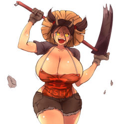 Rule 34 | 1girl, anger vein, apron, black hair, breasts, cow girl, hat, hataraki ari, hoe, horns, huge breasts, looking at viewer, open mouth, original, shaded face, simple background, solo, straw hat, sukimi, twintails, white background, worktool, yellow eyes