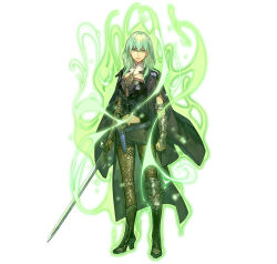 Rule 34 | 1girl, aura, black coat, boots, breasts, brooch, byleth (female) (fire emblem), byleth (fire emblem), coat, corruption, dark persona, enlightened byleth (female), fire emblem, fire emblem: three houses, fire emblem heroes, fire emblem warriors: three hopes, glowing, green eyes, green hair, hidari (left side), high heel boots, high heels, holding, holding sword, holding weapon, jewelry, long coat, looking at viewer, medium breasts, medium hair, midriff, nintendo, official art, pantyhose, possessed, possession, solo, sothis (fire emblem), sword, weapon, wrist guards