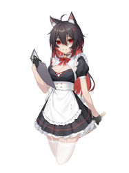 Rule 34 | 1girl, absurdres, animal ear fluff, animal ears, apron, bell, black dress, black gloves, black hair, blood, blood on clothes, bloody knife, bow, bowtie, breasts, butcher knife, cat ears, cleavage, collar, cropped legs, dress, frilled dress, frills, garter straps, gloves, highres, holding, holding knife, holding menu, honkai (series), honkai impact 3rd, jingle bell, kemonomimi mode, knife, large breasts, long hair, looking back, maid, menu, multicolored hair, neck bell, parted lips, pleated dress, red bow, red bowtie, red hair, seele (alter ego), seele vollerei, shaded face, shenqi xiao hong zai nali, short sleeves, simple background, smile, solo, thighhighs, two-tone hair, white apron, white background, white thighhighs, zettai ryouiki