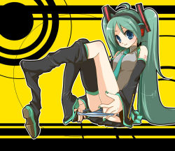 Rule 34 | ahoge, blue eyes, boots, detached sleeves, green hair, hatsune miku, long hair, necktie, panties, pantyshot, shoe dangle, sitting, skirt, smile, solo, striped clothes, striped panties, tanba anko, thigh boots, thighhighs, twintails, underwear, undressing, very long hair, vocaloid