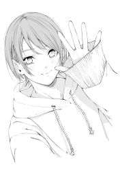 Rule 34 | 1girl, absurdres, blush, commentary request, dutch angle, fingernails, greyscale, hand up, highres, hood, hood down, hoodie, long sleeves, looking at viewer, mole, mole under mouth, monochrome, original, selfie, short hair, simple background, sleeves past wrists, smile, solo, upper body, vice (kuronekohadokoheiku), waving, white background