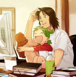Rule 34 | 1boy, 1girl, ^ ^, bad id, bad pixiv id, book, bottle, brown hair, child, closed eyes, computer, duralumin, father and daughter, green hair, happy, icym, koiwai yotsuba, monitor, mr. koiwai, open mouth, outstretched arms, quad tails, short hair, sitting, sitting on person, stuffed animal, stuffed toy, teddy bear, teeth, yotsubato!