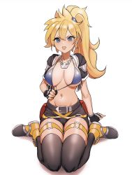 Rule 34 | 1girl, absurdres, bikini, bikini top only, blonde hair, blush, breasts, collarbone, commission, cosplay, fingerless gloves, gloves, highres, jacket, jewelry, kingdom hearts, kiritzugu, large breasts, long hair, looking at viewer, navel, necklace, ponytail, short sleeves, simple background, sitting, solo, sora (kingdom hearts), sora (kingdom hearts) (cosplay), swimsuit, thighhighs, thighs, tongue, tongue out, wariza, white background, zipper