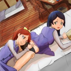 Rule 34 | 10s, 2girls, absurdres, artist request, ass, ass grab, barbara parker, bed, between buttocks, black hair, black panties, blush, breasts, brown hair, face in ass, green eyes, hannah england, highres, indoors, little witch academia, multiple girls, on bed, open mouth, panties, school uniform, small breasts, underwear, yuri