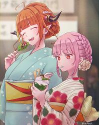 Rule 34 | + +, 2girls, ahoge, alternate costume, alternate hairstyle, aqua kimono, artist name, back bow, blonde hair, blunt bangs, blurry, blurry background, blush, bow, braid, breasts, closed eyes, commentary request, cup, diagonal-striped bow, disposable cup, dragon girl, dragon horns, fangs, floral print, flower, food, french braid, fruit, hair flower, hair ornament, hand up, holding, holding cup, holding food, holding spoon, hololive, hololive english, horn bow, horn ornament, horns, ice cream, ice cream cup, japanese clothes, kimono, kiryu coco, kyou fumei, long hair, long sleeves, mori calliope, multicolored hair, multiple girls, open mouth, orange hair, pink hair, pointy ears, popsicle, red eyes, sidelocks, spoon, strawberry, streaked hair, striped, striped bow, upper body, utensil in mouth, virtual youtuber, white flower, wide sleeves