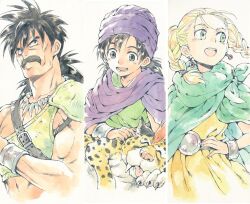 Rule 34 | agahari, bianca (dq5), black hair, blonde hair, borongo, cape, child, dragon quest, dragon quest v, earrings, facial hair, father and son, hero (dq5), jewelry, mustache, necklace, papas, purple cape, short twintails, tooth necklace, turban, twintails