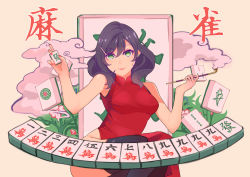 Rule 34 | 1girl, armpits, beige background, black hair, black thighhighs, breasts, china dress, chinese clothes, closed mouth, dress, earrings, green eyes, hair ornament, hairpin, holding, holding mahjong tile, holding smoking pipe, jewelry, kiseru, lipstick, mahjong, mahjong tile, makeup, medium breasts, medium hair, original, red dress, simple background, sleeveless, sleeveless dress, smile, smoke, smoking, smoking pipe, solo, thighhighs, zhainan s-jun