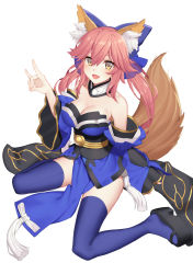 Rule 34 | 10s, 1girl, absurdres, animal ears, bad id, bad pixiv id, bell, black thighhighs, blue thighhighs, blush, bow, breasts, cleavage, collar, detached sleeves, fate/extra, fate/extra ccc, fate/grand order, fate (series), flower, fox ears, fox shadow puppet, fox tail, hair bow, hair ribbon, highres, icarus (artist), japanese clothes, large breasts, looking up, neck bell, open mouth, pink hair, ribbon, simple background, sitting, solo, tail, tamamo no mae (fate/extra), thighhighs, wariza, white background, yellow eyes