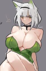 Rule 34 | 1girl, alternate breast size, animal ear fluff, animal ears, arknights, bare shoulders, black choker, blush, breasts, cat ears, cat girl, choker, cleavage, closed mouth, dress, embarrassed, green dress, green eyes, green hair, grey background, grey hair, highres, huge breasts, kal&#039;tsit (arknights), nuggetkouhai, off-shoulder dress, off-shoulder jacket, off shoulder, scowl, short hair, simple background, sitting, solo, thick thighs, thighs, white hair